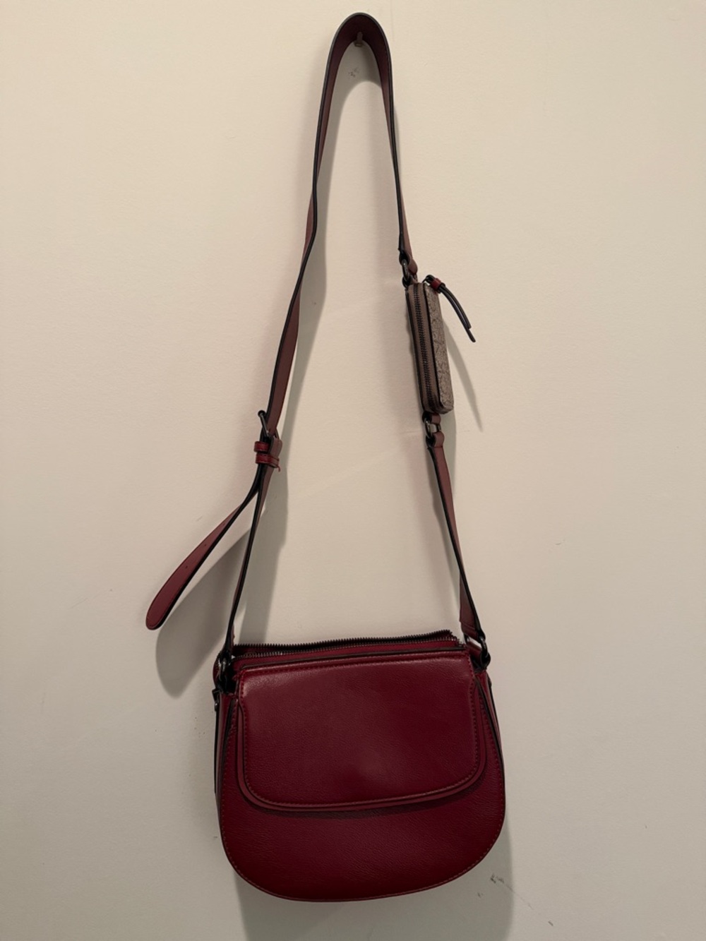 Calvin Klein Burgundy Leather Crossbody Bag with Logo Card Wallet